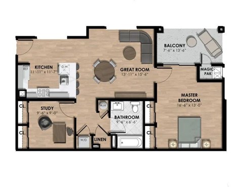Floor plan for 1 bed, 1 bath